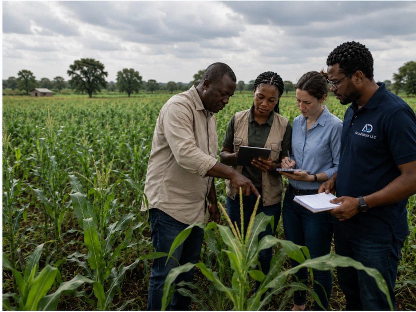 Agricultural research team reviewing maize crops and field data